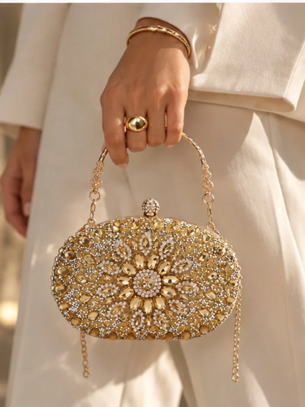 Gold Rhinestone Floral Evening Clutch Bag, Elegant Crystal Minaudiere Purse